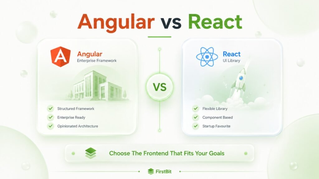 Comparison infographic highlighting Angular and React, showing Angular for enterprise development and React for flexible product development.