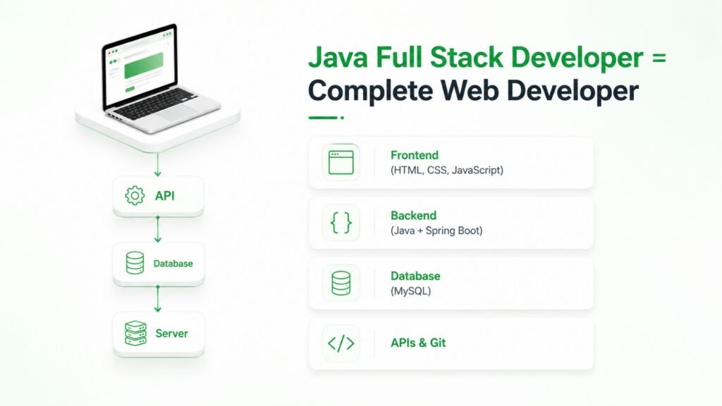 Java Full Stack Developer architecture showing frontend, backend, APIs, and database working together. 