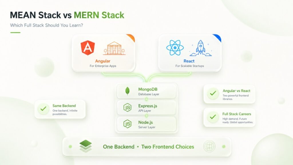 Premium comparison infographic showing the difference between MEAN Stack and MERN Stack with Angular and React connected to a shared MongoDB, Express.js, and Node.js backend.