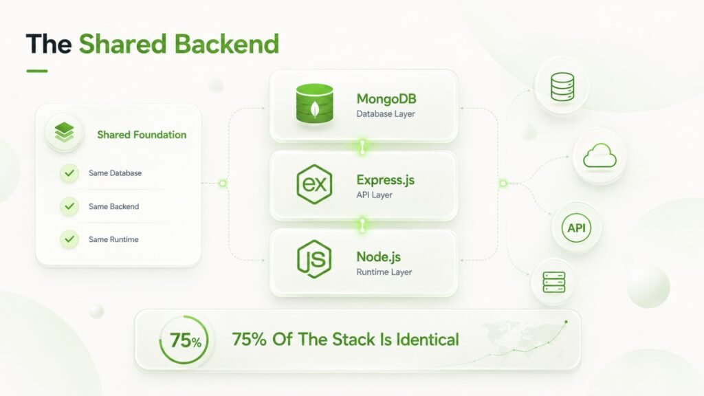 Infographic showing MongoDB, Express.js, and Node.js as the shared backend technologies used in both MEAN and MERN stacks