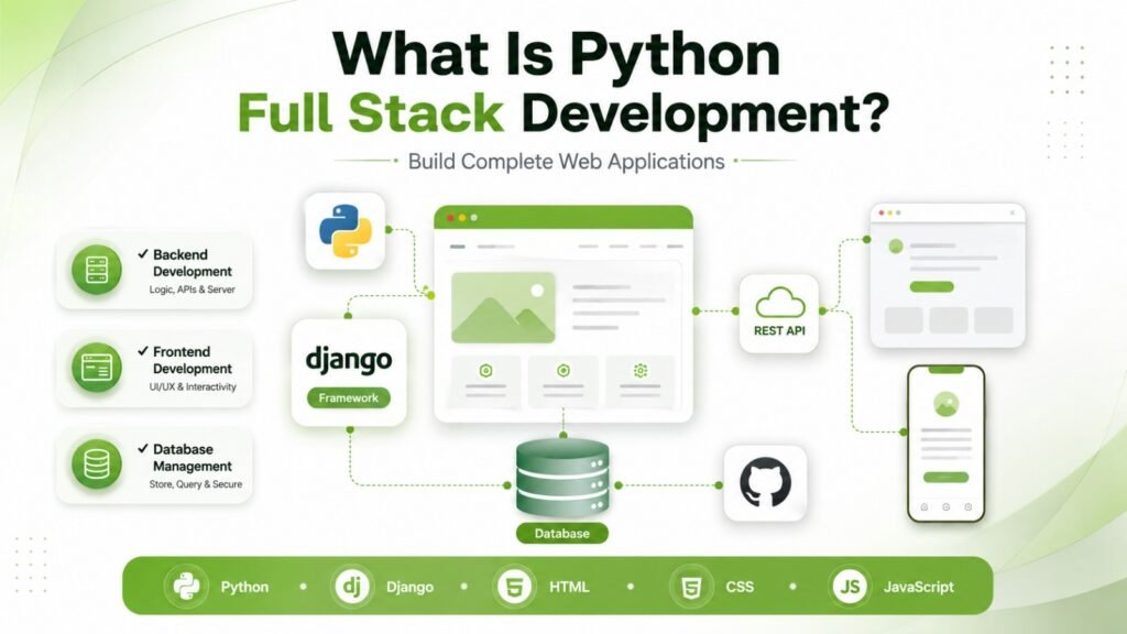 Python full stack development architecture showing backend, frontend and database workflow 