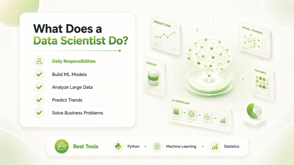 Data scientist workflow with machine learning, Python, predictive analytics, and AI models