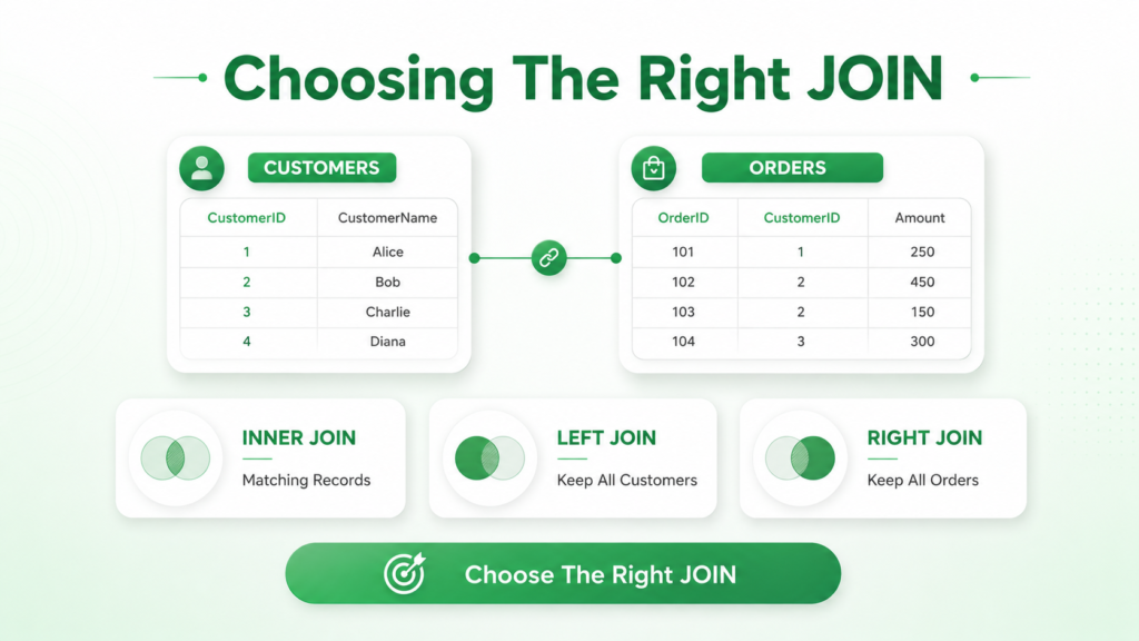 Visual comparison of INNER JOIN, LEFT JOIN and RIGHT JOIN used in SQL interviews.