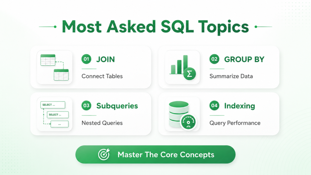 Most common SQL interview topics including JOINs, GROUP BY, subqueries and indexing.