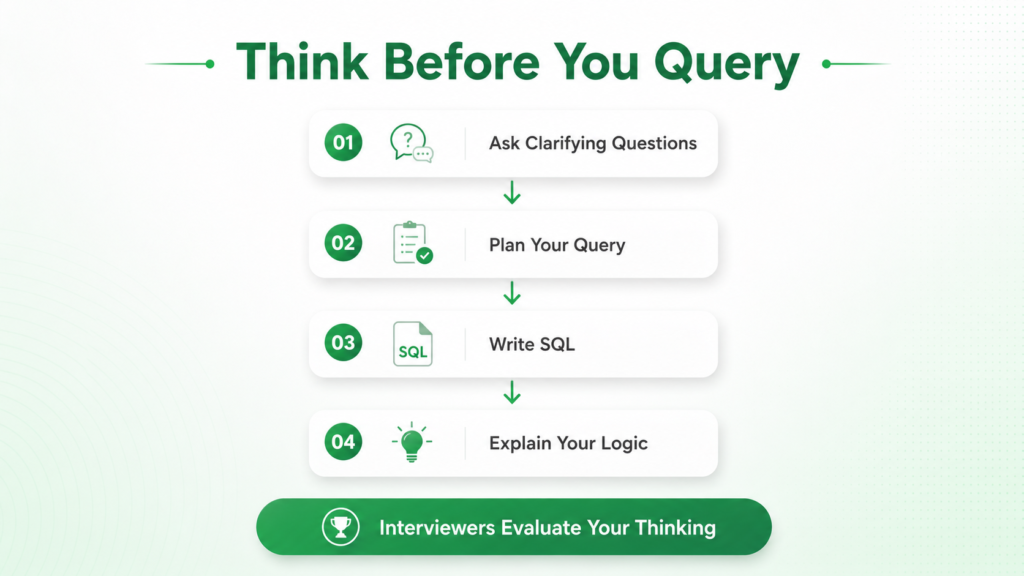 Step-by-step SQL interview problem-solving process from clarification to explaining the final query