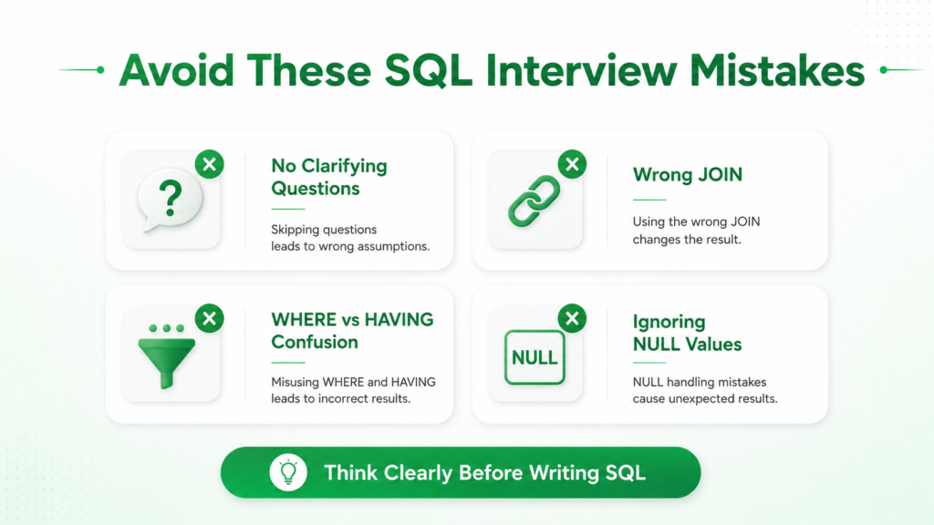 Common SQL interview mistakes including wrong JOINs, HAVING confusion and ignoring NULL values.