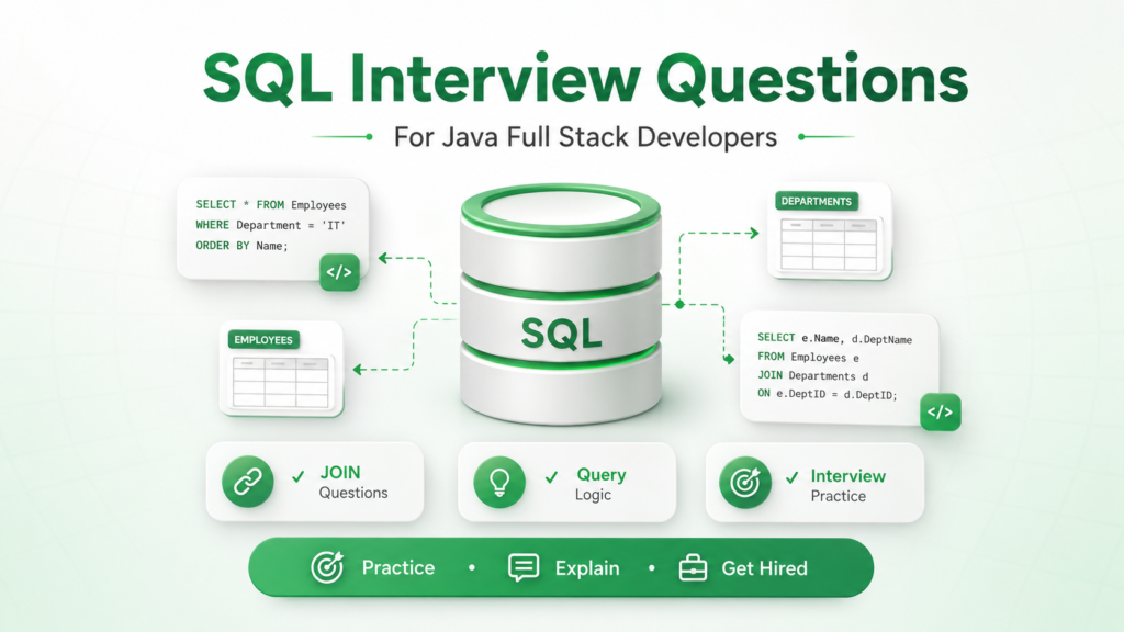 SQL interview questions for Java Full Stack developers covering JOINs, queries and interview practice.