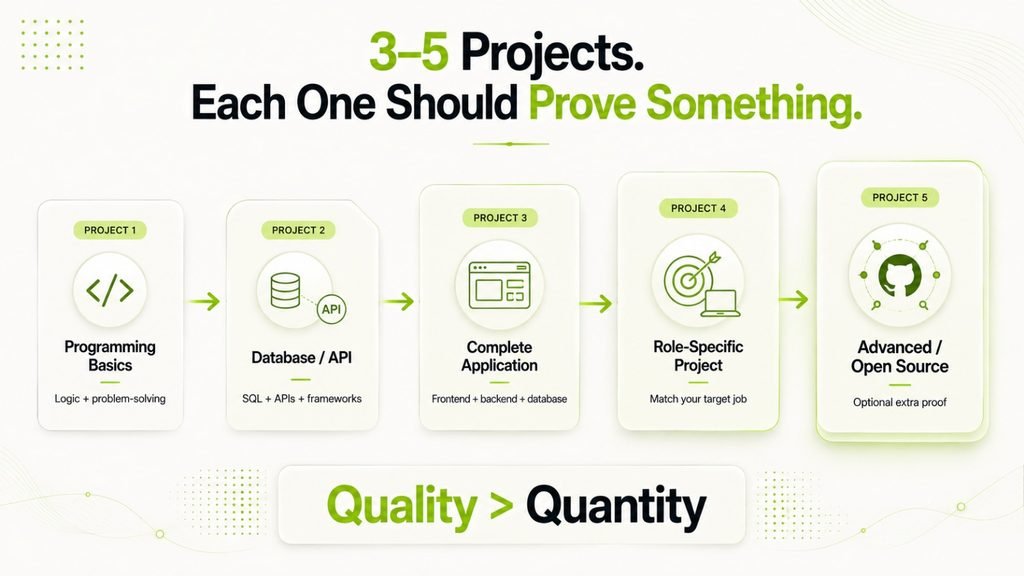 Infographic showing a recommended progression of three to five IT projects for freshers, from programming basics and database skills to complete, role-specific, and advanced projects 
