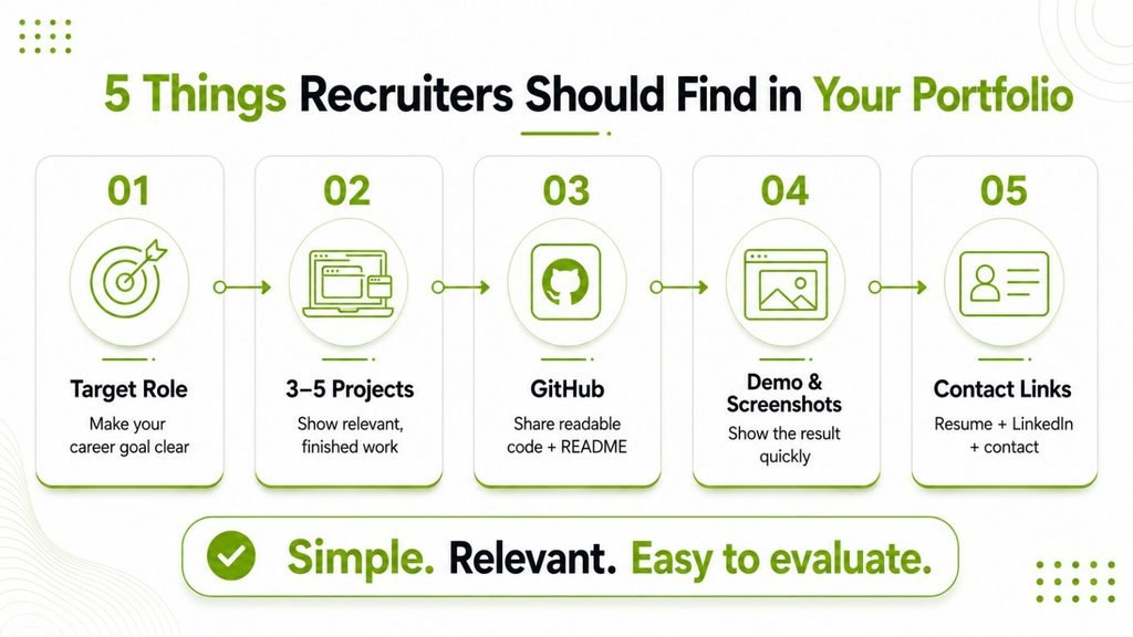 Infographic showing five things recruiters should find in a fresher's IT portfolio: target role, 3–5 projects, GitHub, demos and screenshots, and contact link