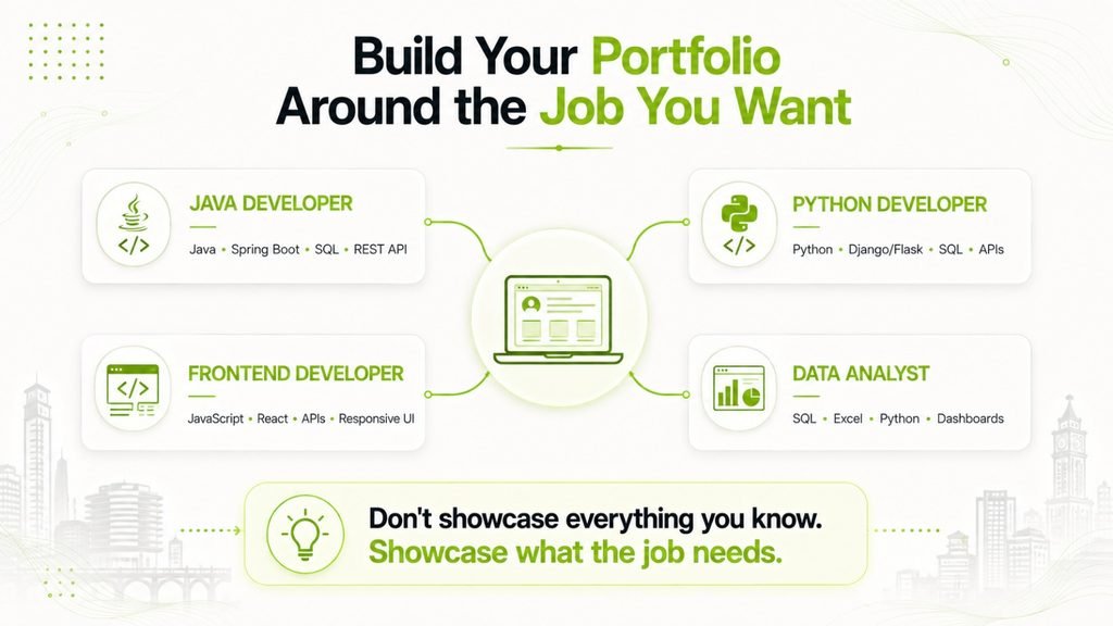 Infographic showing how freshers can tailor their IT portfolio to Java developer, Python developer, frontend developer, and data analyst roles