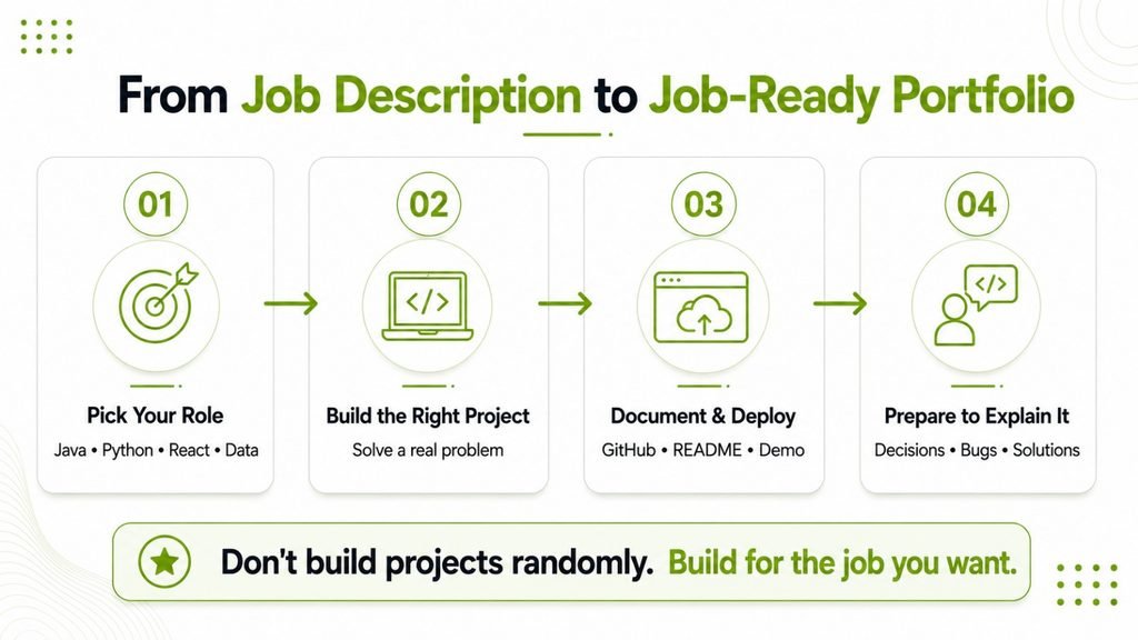 Four-step infographic showing how freshers can build an IT portfolio by choosing a role, building a relevant project, documenting and deploying it, and preparing to explain it