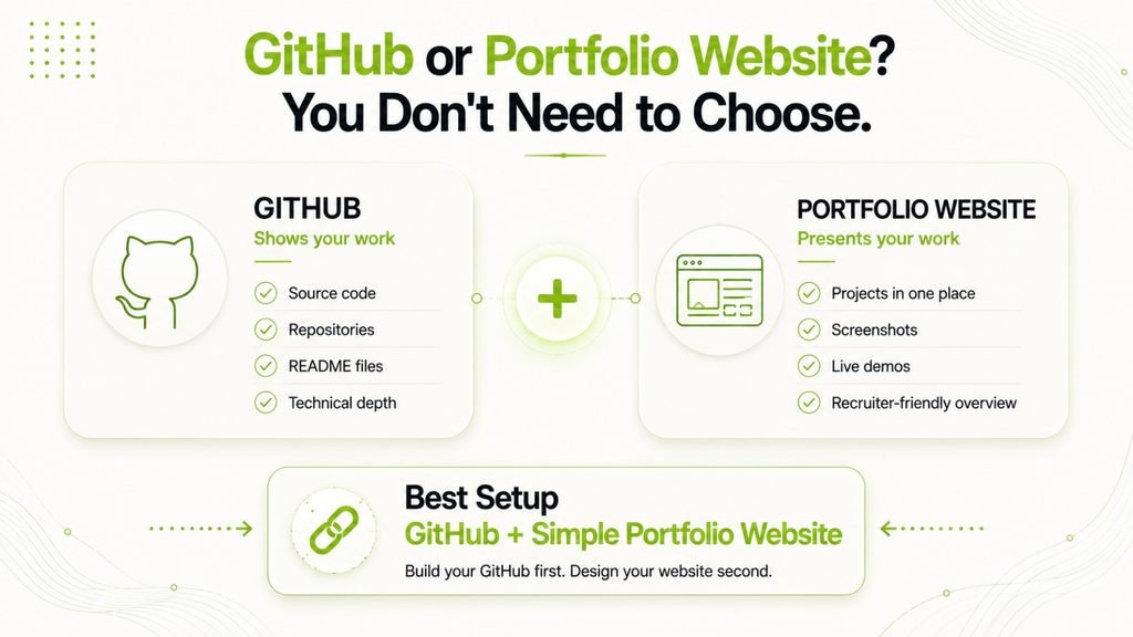 Comparison infographic explaining how GitHub shows a fresher's technical work while a portfolio website presents projects, demos, screenshots, and recruiter-friendly information. 