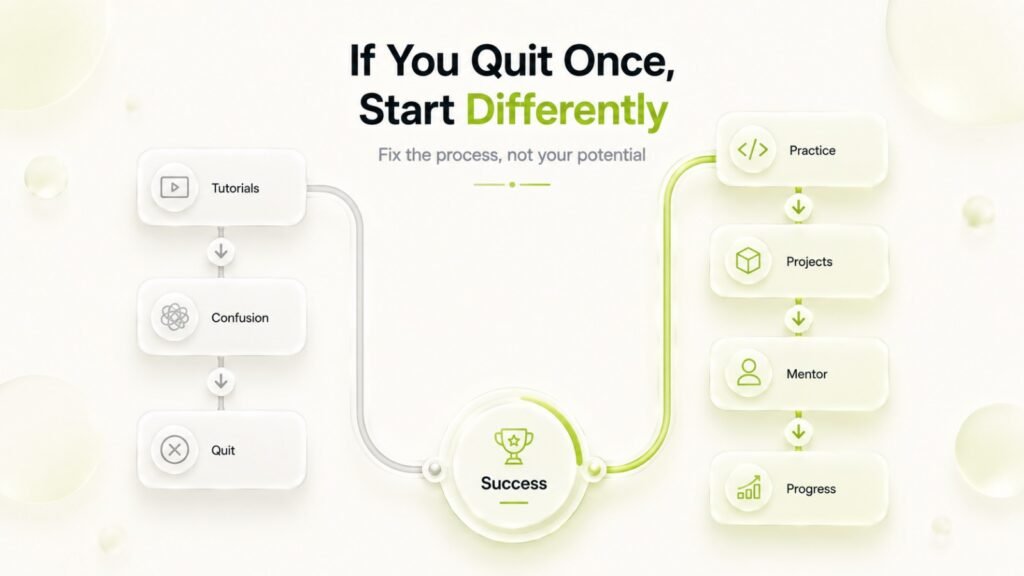 Split-layout illustration comparing an ineffective Java learning path of tutorials, confusion, and quitting with a successful learning path of practice, projects, mentorship, and steady progress.