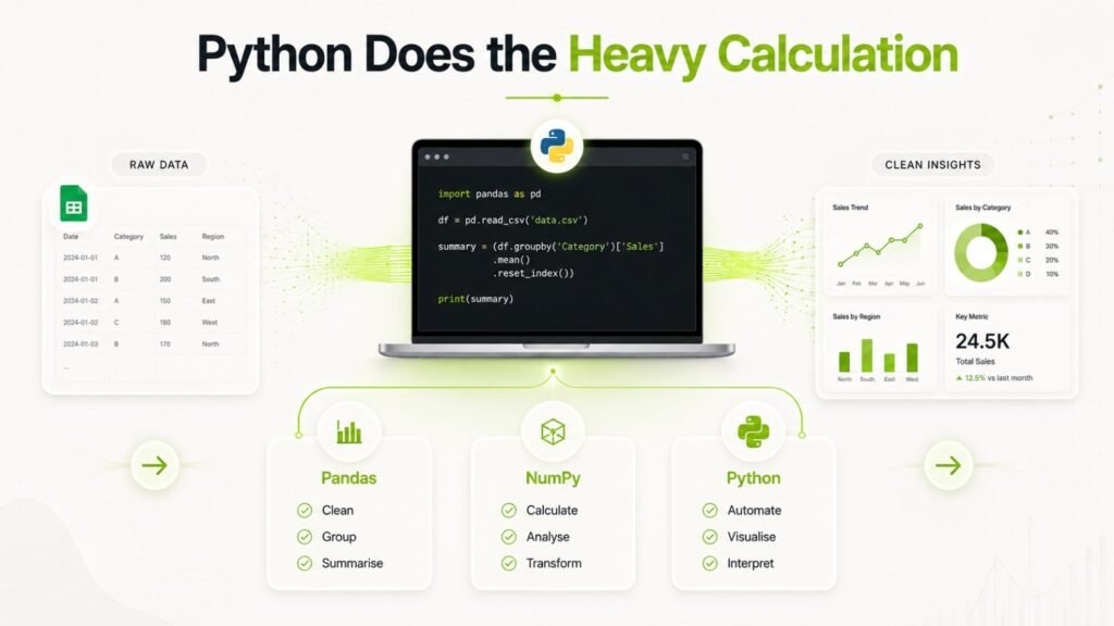 Python tools such as Pandas and NumPy automate calculations and data analysis tasks. 