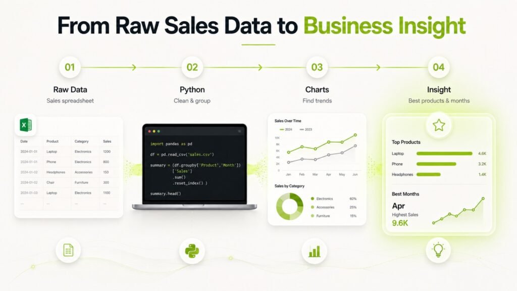 Data analytics workflow showing how raw sales data is cleaned with Python and turned into charts and business insights. 