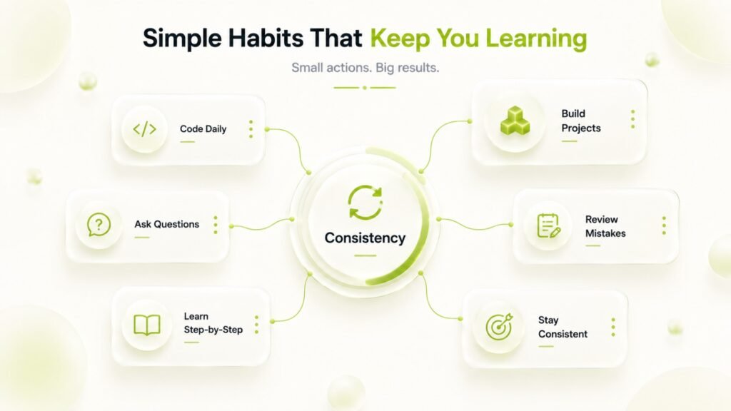 Radial editorial infographic showing six daily habits for learning Java successfully, including coding daily, building projects, asking questions, learning step by step, reviewing mistakes, and staying consistent.