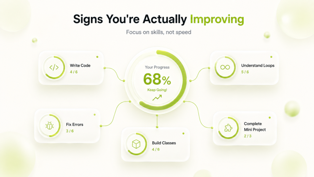 Premium dashboard illustration highlighting five signs of Java learning progress: writing code, understanding loops, fixing errors, building classes, and completing a mini project around a central progress indicator.