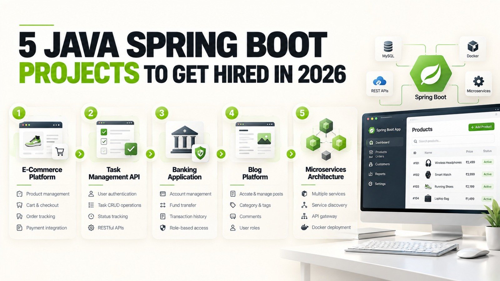Five Java Spring Boot project ideas for a fresher portfolio, from e-commerce and task management to banking, blogging, and microservices.