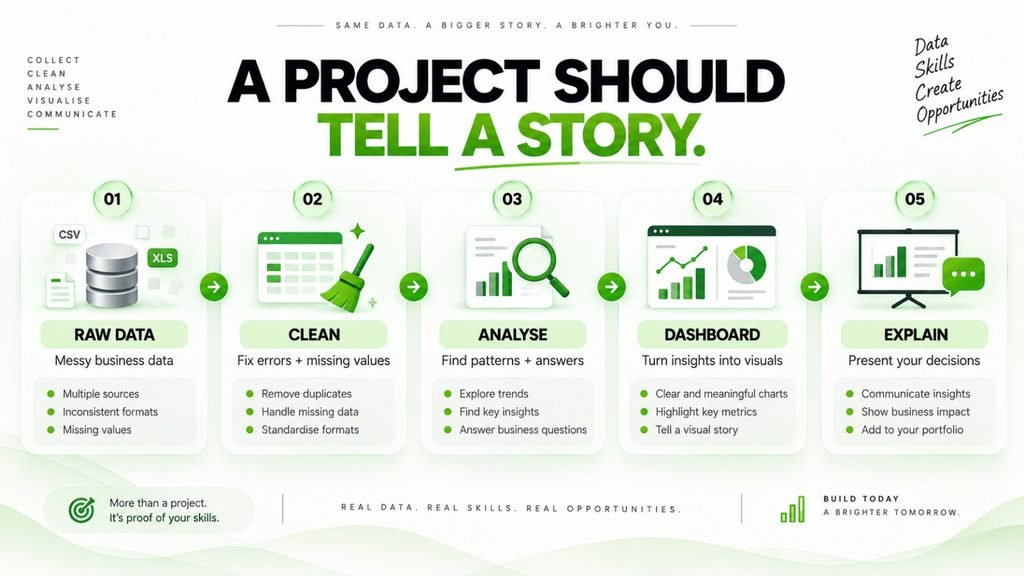 Data analytics project workflow from raw data to analysis, dashboard and portfolio presentation