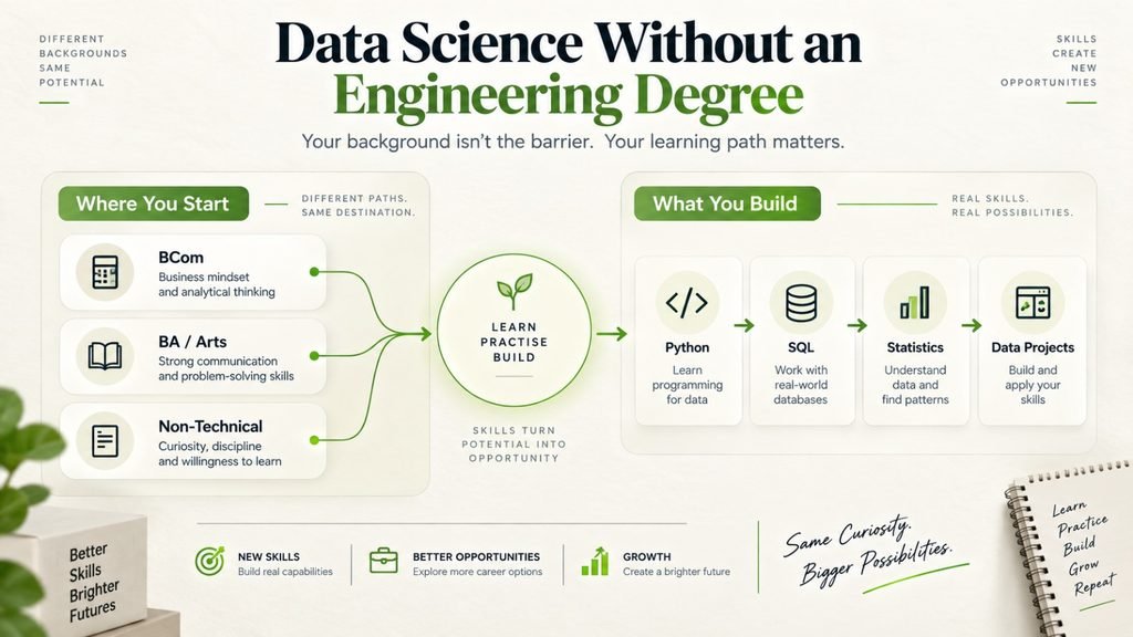 Engineering vs. non-engineering backgrounds showing different starting points leading to the same data science skills.