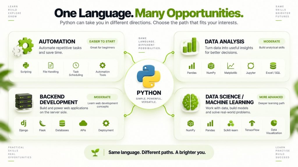 Python career paths include automation, data analysis, backend development and data science