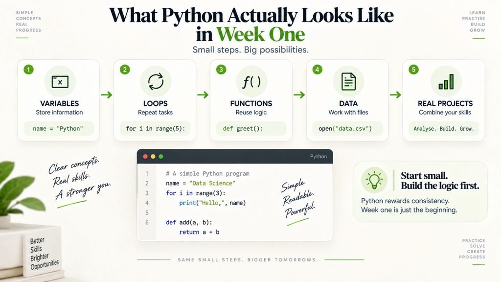 Python Week One infographic showing the progression from variables and loops to functions, data handling, and real projects.
