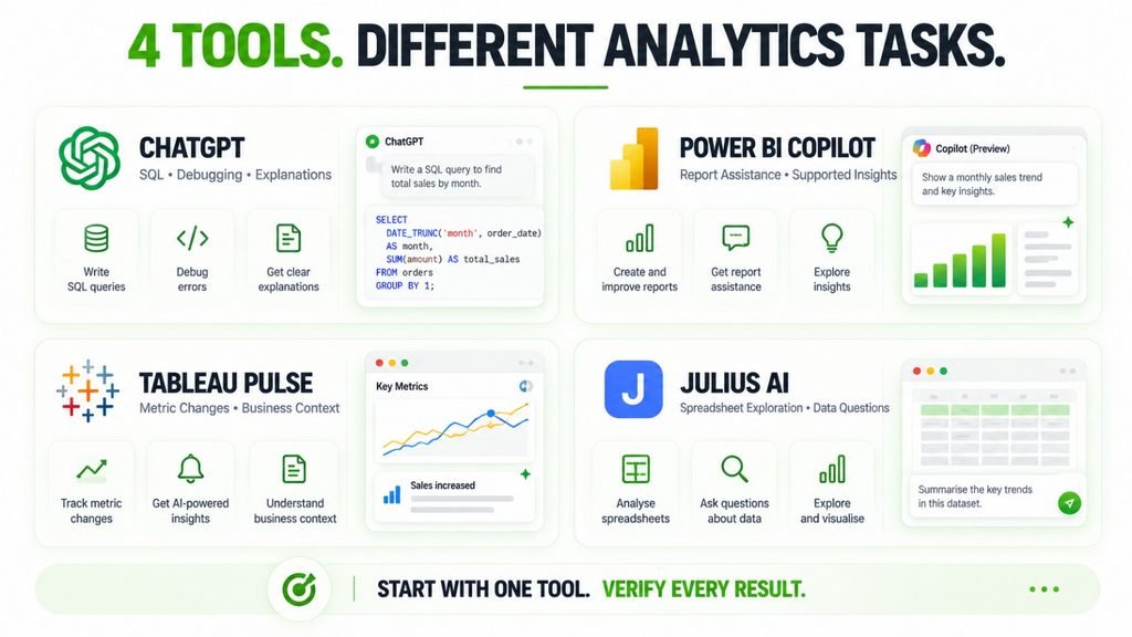 Four Gen AI tools for data analysts and their uses in SQL, reporting, metric analysis and spreadsheets.
