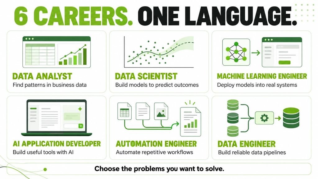 Six Python career options beyond web development: data analyst, data scientist, machine learning engineer, AI application developer, automation engineer and data engineer.