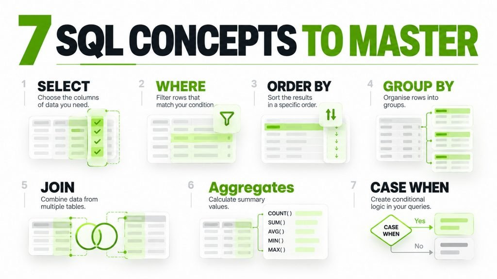 Seven foundational SQL concepts include SELECT, WHERE, ORDER BY, GROUP BY, JOIN, aggregate functions, and CASE WHEN.
