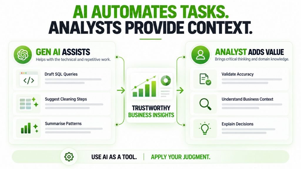 Comparison of AI-assisted data tasks and the analyst's role in validating results and interpreting business context.