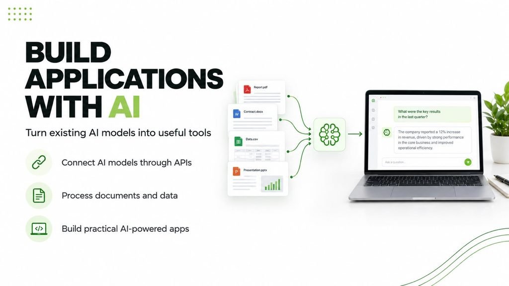 An AI application developer connects company documents to an existing AI model through APIs to create a practical question-and-answer application.