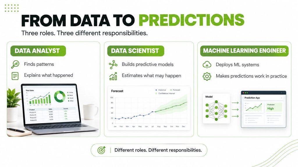 Comparison of data analyst, data scientist and machine learning engineer roles, showing how they differ in analyzing past results, predicting outcomes and deploying machine learning systems.