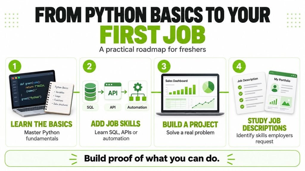 Four-step Python fresher roadmap covering Python fundamentals, additional job skills, practical project development and reviewing employer job requirements.