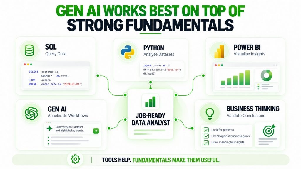 Core data analyst skills including SQL, Python, Power BI, Gen AI and business reasoning.