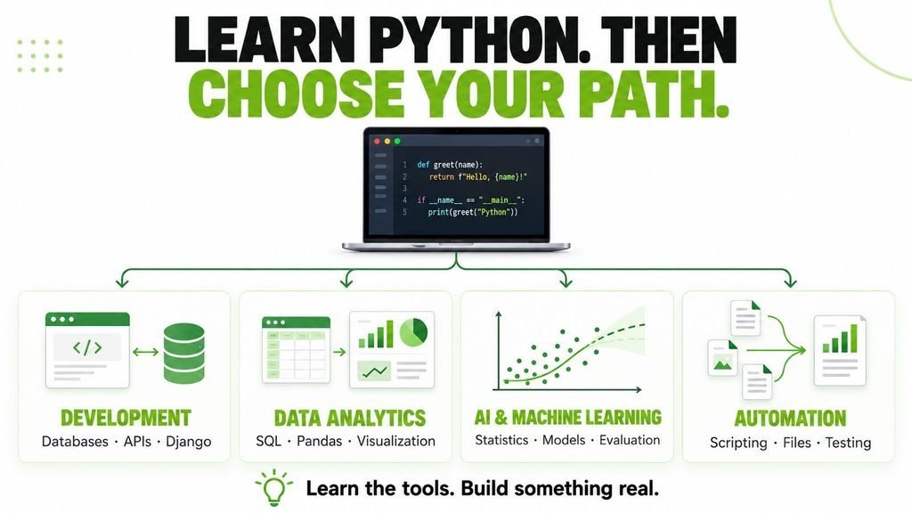 Four learning paths after Python basics: development with databases and Django, data analytics with SQL and Pandas, AI and machine learning with statistics, and automation with scripting and testing.