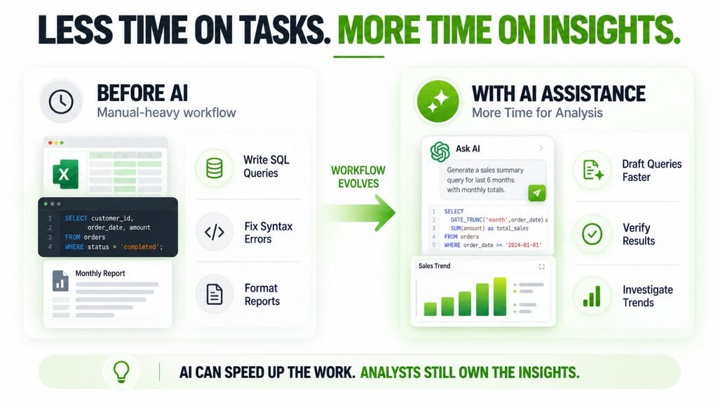 Comparison of manual data reporting tasks with an AI-assisted workflow that prioritises result verification and analysis.