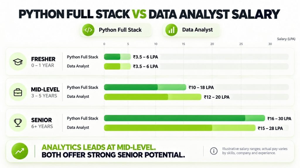 Comparison of Python Full Stack Developer and Data Analyst salary ranges at fresher, mid-level, and senior experience.