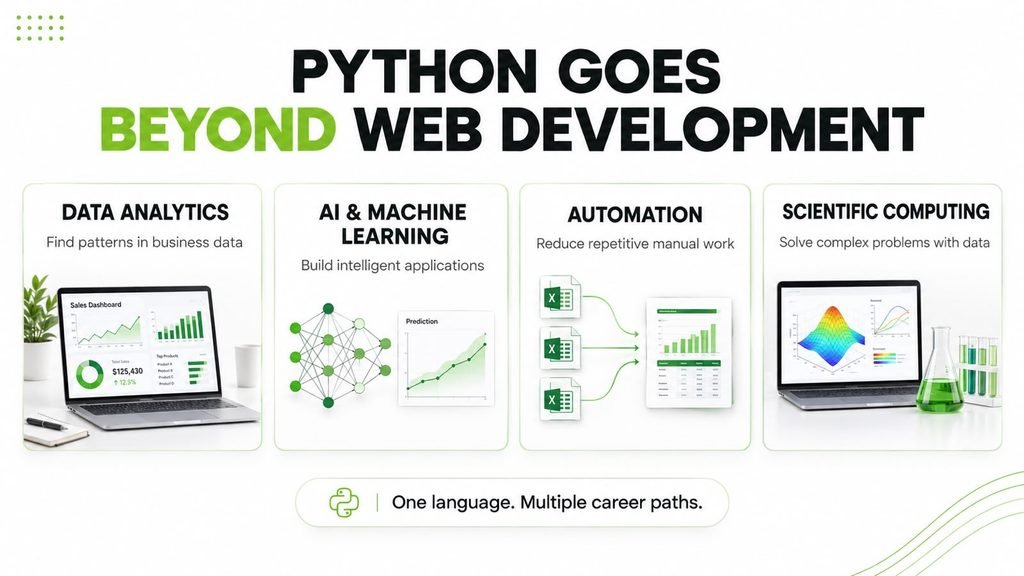 Four Python career paths beyond web development: data analytics, AI and machine learning, automation, and scientific computing