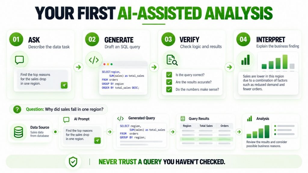 Four-step AI-assisted data analysis workflow from prompting and SQL generation to verification and business interpretation.