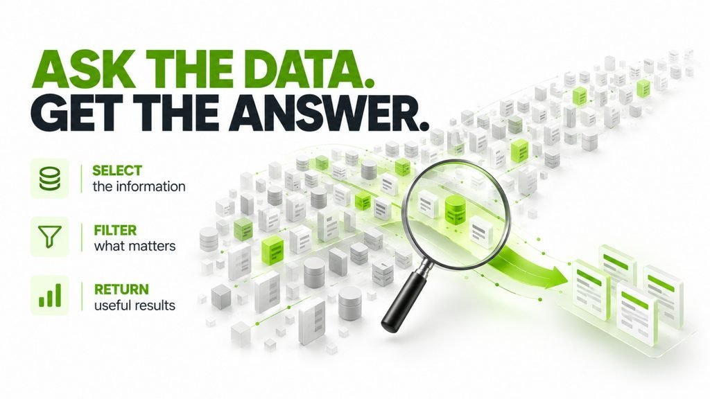 SQL queries retrieve specific information from a database by selecting and filtering records.