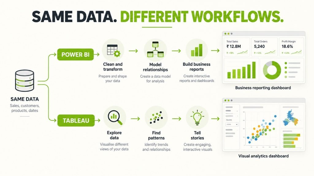 Differences between Power BI reporting workflows and Tableau visual analytics