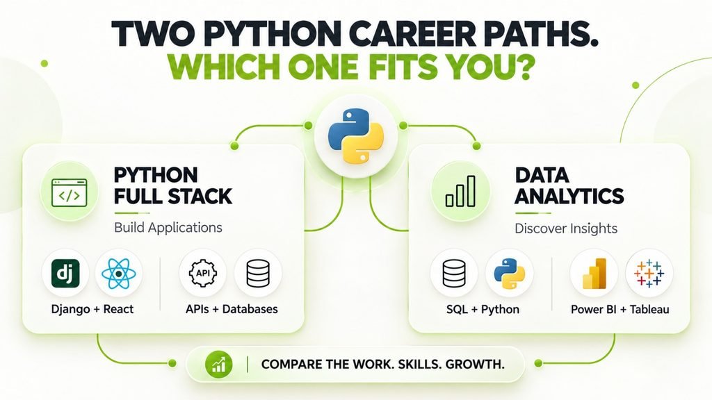 Python Full Stack Development versus Data Analytics career paths, key tools and responsibilities.