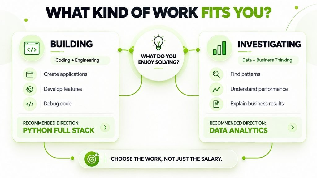 Career decision guide comparing application development with data analysis to help choose a suitable Python career.