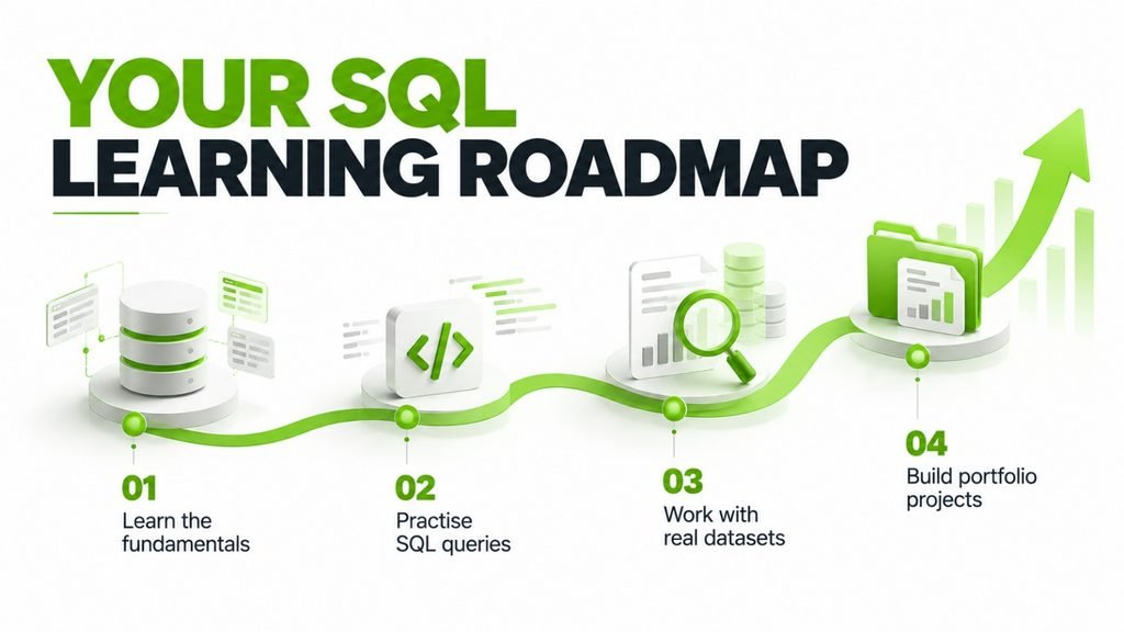 A beginner SQL roadmap progresses from fundamentals to queries, analysis, and practical projects.